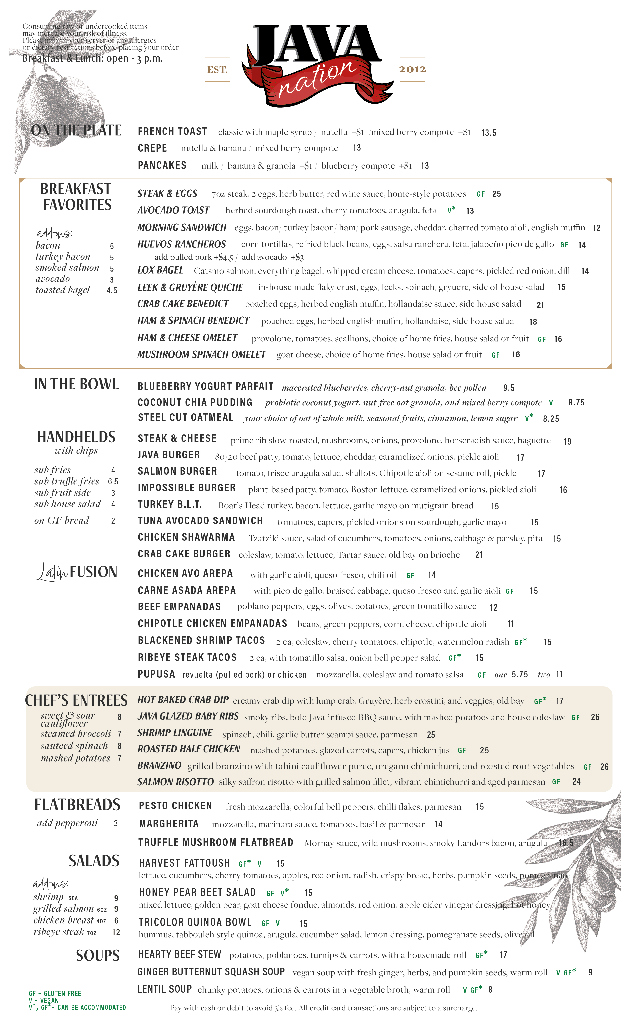 Silver Spring Brunch Menu Page 1